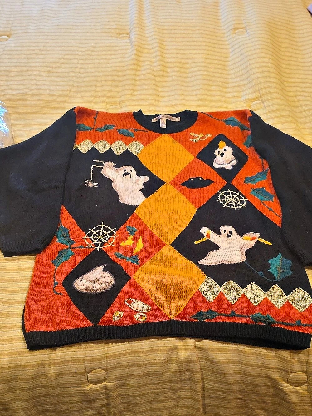 Hansen & Company Halloween Ghost Knit Sweater Orange Black Size XL